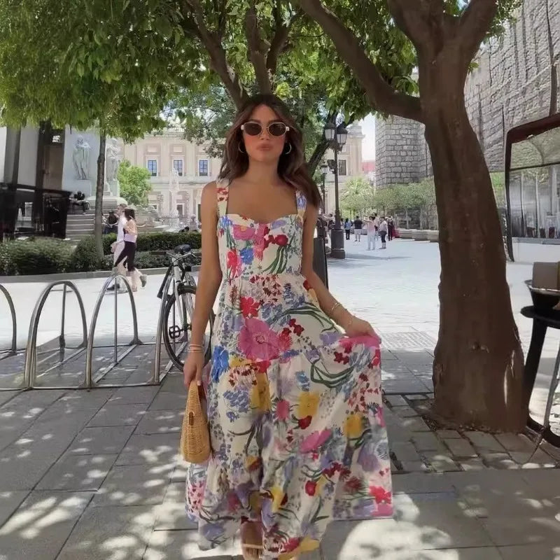 European and American Style Summer New Seaside Vacation Camisole Print Long Dress with A Slim Waist and Small Floral Dress