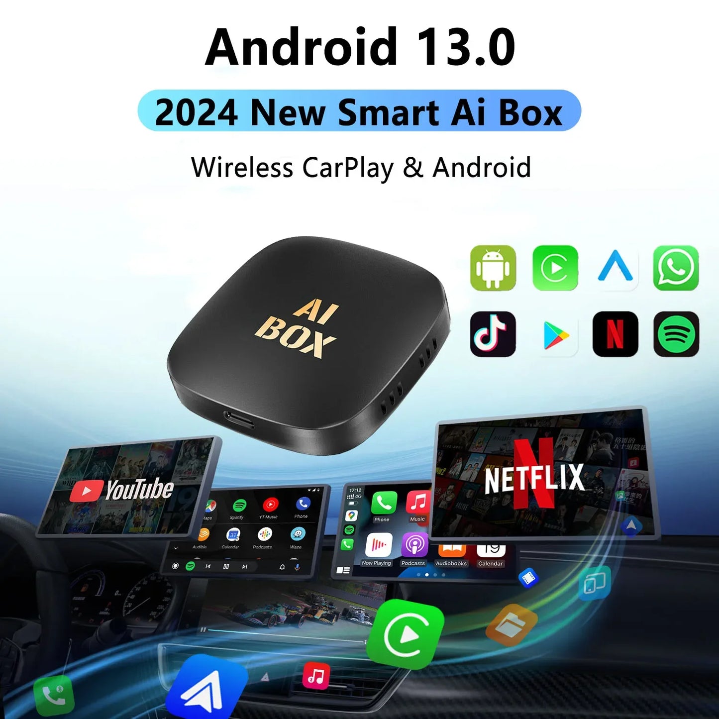 Android 13 CarPlay AI Smart Box - Wireless CarPlay & Android Auto Adapter for Netflix, YouTube & More - Enhance Your Car's Intelligent Systems