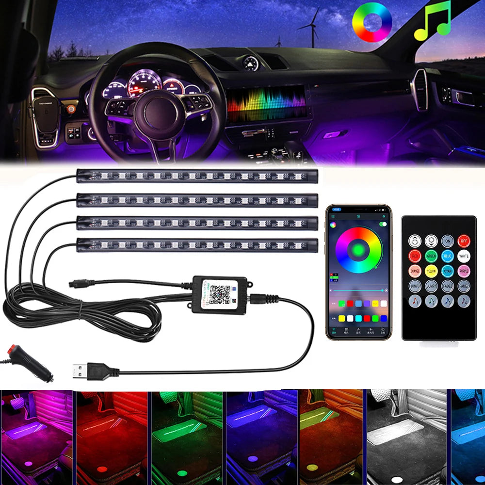 72/48/36 LED RGB Car Foot Ambient Light with USB Cigarette Automotive Interior Lights Strip Decoration Bar Remote/Voice Control