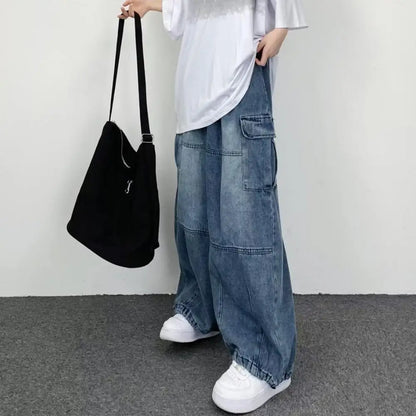 Hot！Men Baggy Cargo Jeans Multiple Pockets Solid Color Zipper Fly Loose Straight Wide Leg Pants Autumn Denim Trousers Streetwear