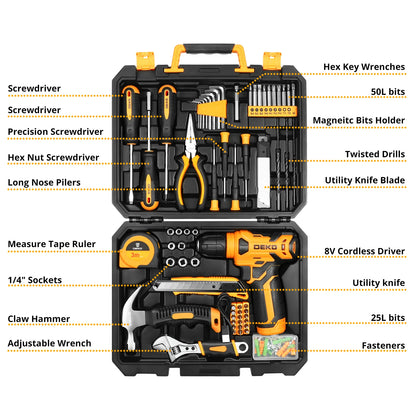 DEKO 126Pcs Power Tool Combo Kits with 8V Cordless Drill,10MM 3/8'' Keyless Chuck,Professional Home Household DIY Hand Tool Kits