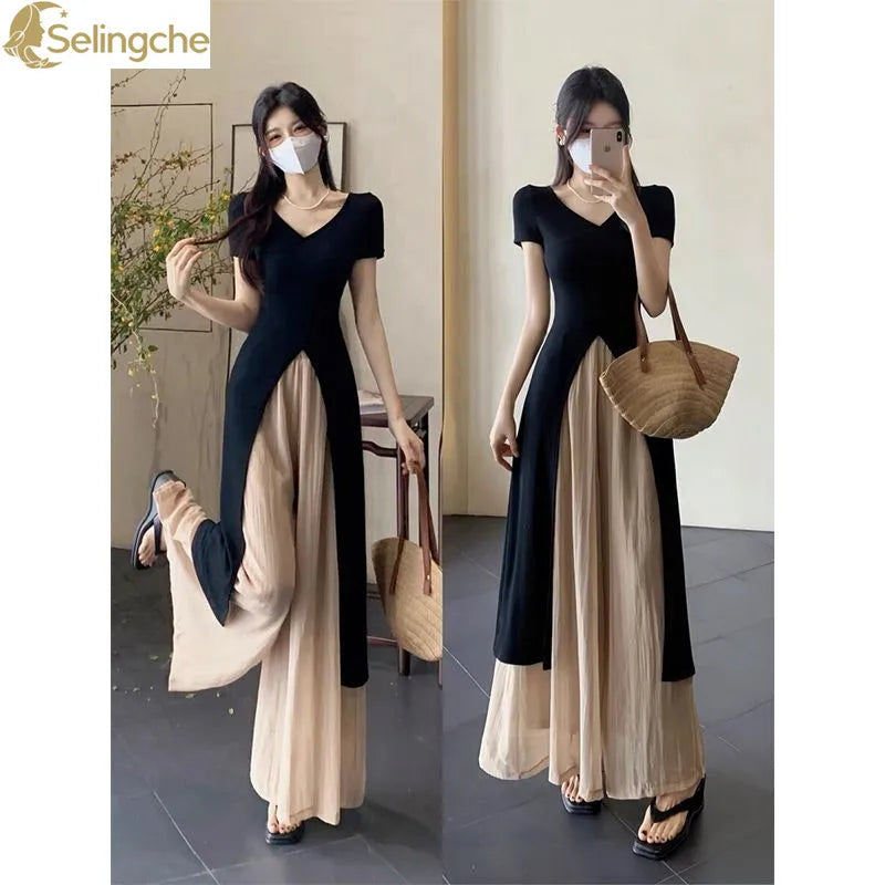 High End Hepburn Style Fashion Set for Women's Summer Black Split Top Versatile Slimming Casual Skirt Pants Two-piece Set