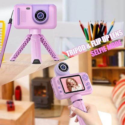 Kids Camera with Flip-up Lens for Selfie HD Digital Cameras for Children Boys Girls Birthday Gifts Pink Video Camera with Stand