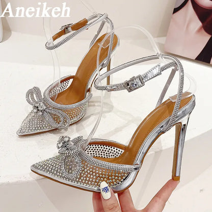 Aneikeh Fashion Transparent PVC Women Pumps Sexy Butterfly-knot CRYSTAL High Heels Pointed Toe Wedding Prom Sandals Spring Shoes