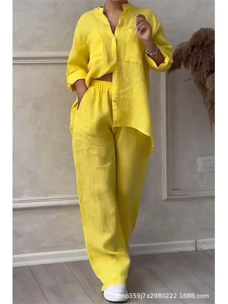 Women Two Piece Sets 2024 Spring Autumn Casual Long Sleeve Pocket Shirts 2 Piece Set Fashion Loose Wide Leg Pants Suit Outfites