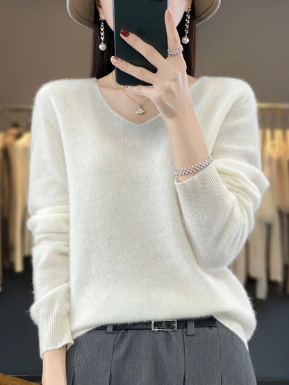 New Women's Wool Sweater V-Neck Pullovers Long Sleeve Tops 100% Merino Wool Spring Autumn Female Cashmere Knitwear Clothing