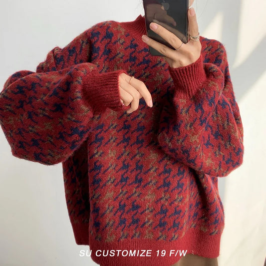 ZOKI Houndstooth Women Pullover Sweater Loose Knitted Vintage Casual O Neck Jumper Winter Red Warm Female Plaid Sweater New