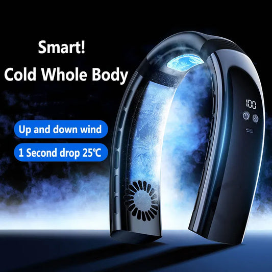 2023 New  Neck Hanging Fan Rechargable Fan Digital Display  Electric Fan  Air Cooler Outdoor Camping 360° Surrounding Wind