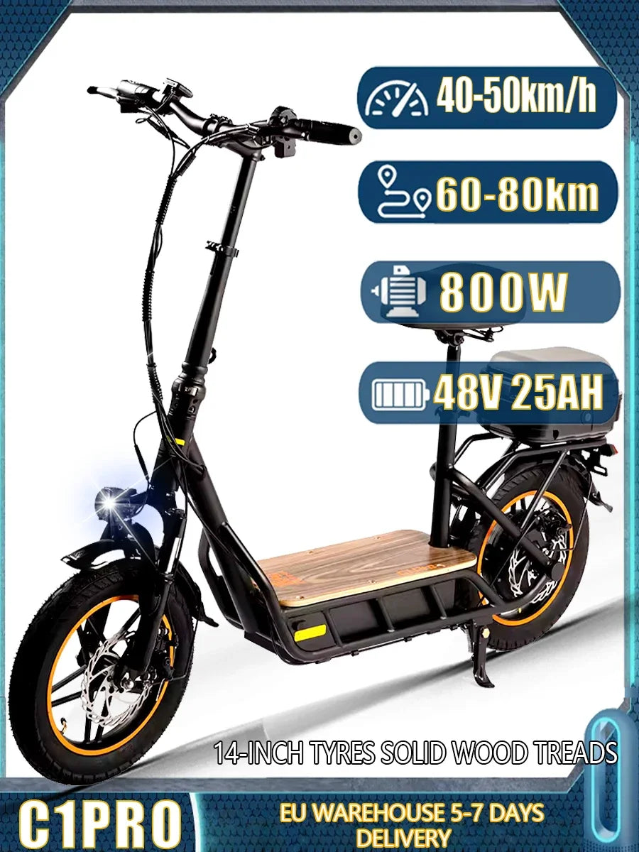 kukirin c1 pro 800w 48v 25ah electric scooter 14 inch big tyres with seat max range 80km max speed 45-50km/h foldable escooter