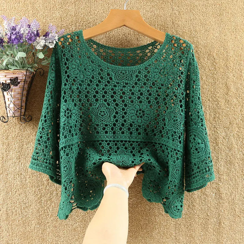 2022 Women Summer Fashion Loose Hollow Sweater Shirt Female O-neck Knitted Pullover Tops Ladies Short Sleeve Crocheted Tops W24