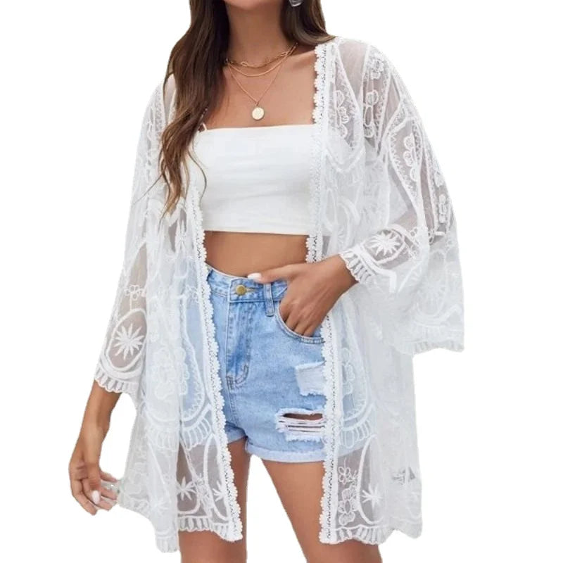 2023 New Summer Cover Up Lace Hollow Perspective Beachwear Long Sleeve Sunscreen Clothing One Piece Women's Swimwear Cover-Ups