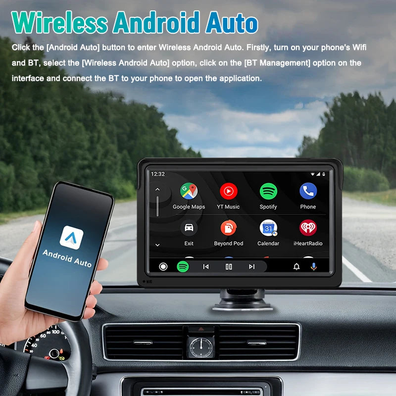 AHOUYD 7" Wireless Car Radio with Apple CarPlay & Android Auto - Touch Screen Stereo, BT Navigation, MP5, FM, USB, AUX Integration