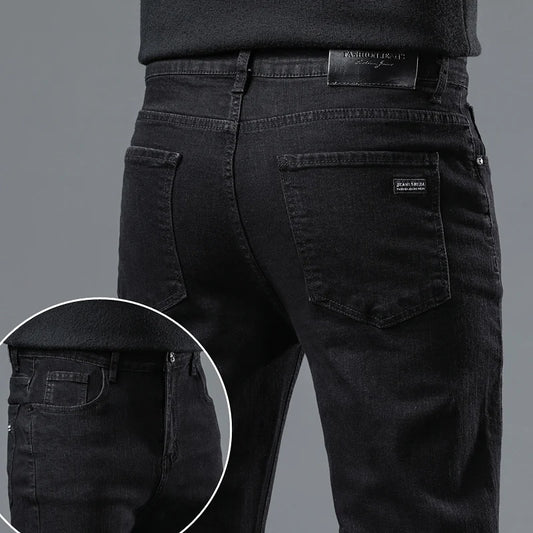 Men's Pure Black Jeans Version Trendy Straight Fit Pants Men's Comfortable  Elastic Classic Business Jeans brand Denim Trousers