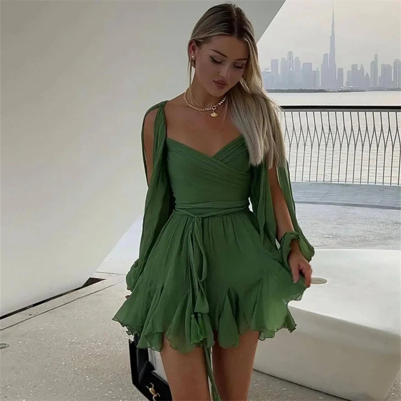 TRAF Green Backless Dress Woman Off Shoulder Long Sleeve Mini Dress Women Ruched Leopard Print Chiffon Summer Short Dresses