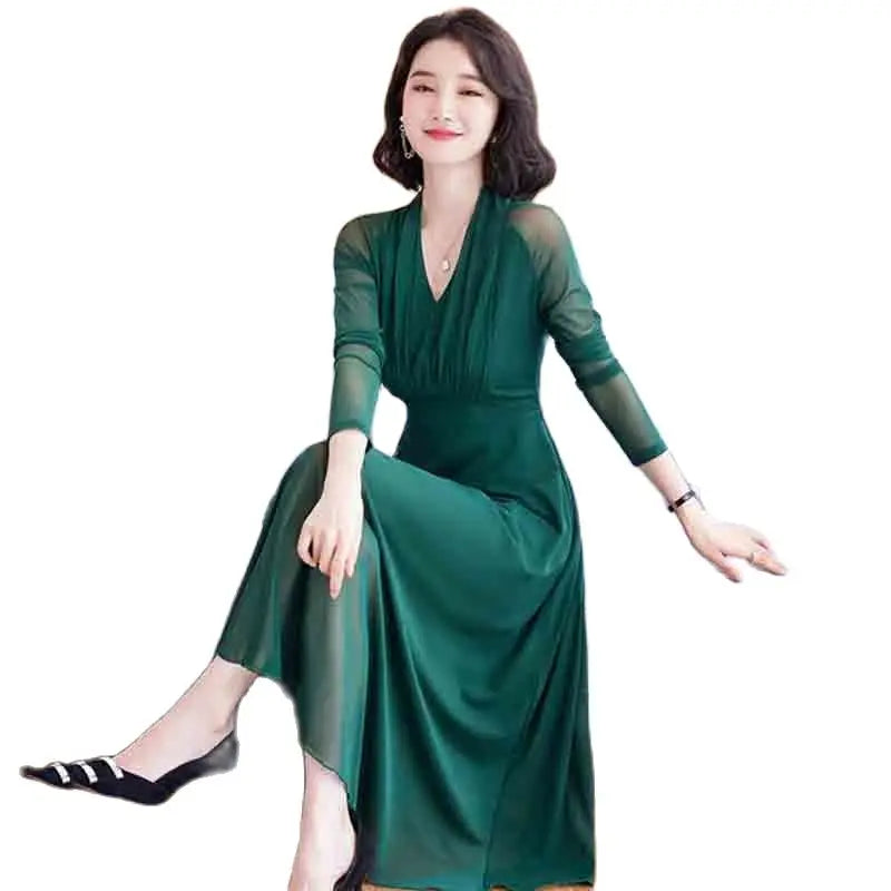 Spring And Autumn Mesh Dress Women's Long-sleeved 2022 New Solid Color V-neck Mid-length Slim fit Loose Temperament Long Skirt