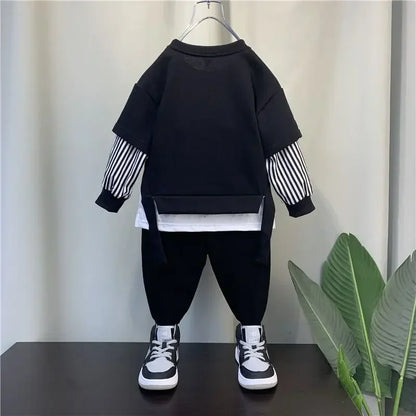 Autumn Winter Baby Boy Clothes Children Fake 2 Pcs Top and Sport Pants Set Kid Side Stripe Letter Tracksuit Print Pocket Outfits