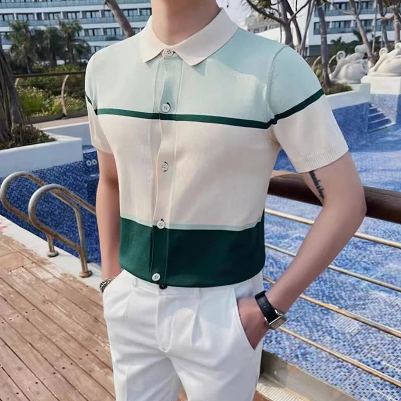 Fashion Patchwork Short Sleeve Slim Lapel Button Tops Summer Mens Clothing Casual Streetwear Daily Leisure Men's Knit Polo Shirt