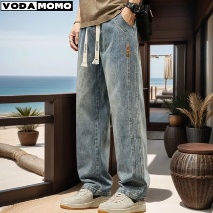 2024 Elastic loose straight jeans men wide legged denim men pants casual trousers Korean style men clothing  jeans pants man