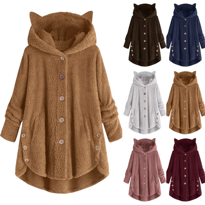 2023 Women's Coat Winter Plus Velvet Sports Winter Cute Cats Ears Hooded Irregular Hem Buttons Jacket Fleece Coat Christmas Gift