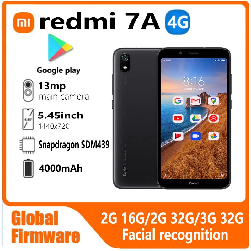 Xiaomi Redmi 7A smartphone Global firmware 4G 5.45 inche 1440×720 13MP Qualcomm Snapdragon 439 facial recognitionused phone