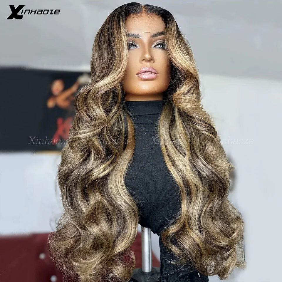 13x6 Lace Frontal Wig Highlight Brown Blonde Body Wave Brazilian HD Transparent Silk Top Lace Closure Wigs For Women Pre Pluck