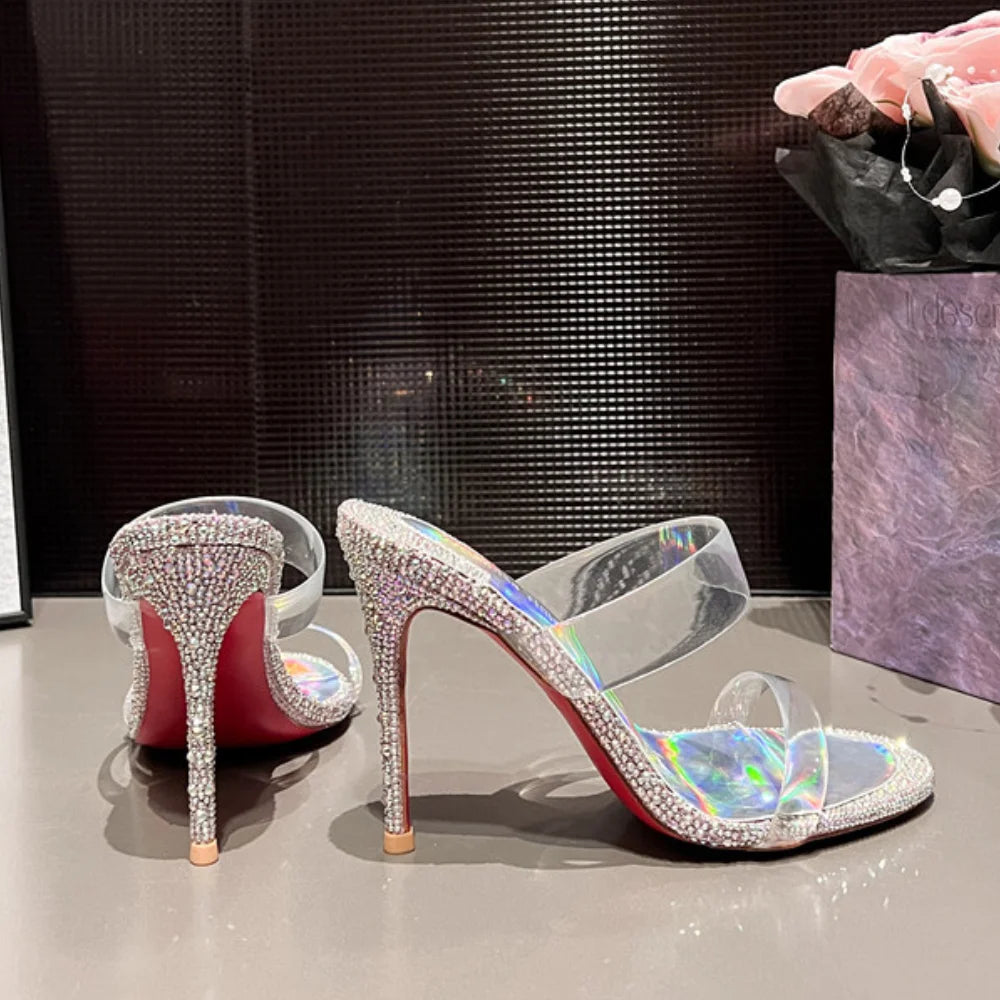 CHMURY Silver Rhinestone Clear 6cm 8cm 10cm Red Soled High Heels Mules Slippers Sandals Shoes for Women