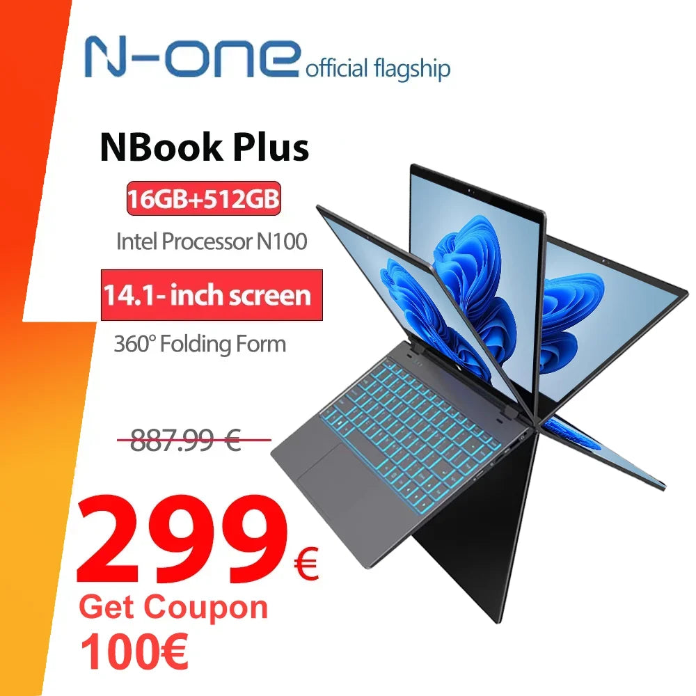 2024 N-one NBook Plus 14.1" Intel N100 Windows 11Pro  Laptop 16GB+512GB 1920*1080 Touch Screen 360° Folding Computer Notebook