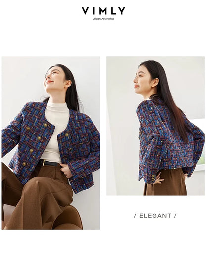 VIMLY Cropped Tweed Jacket for Women 2024 Spring Elegant Contrast Plaid Double Breasted Short Woolen Coat Female Outerwear 16106