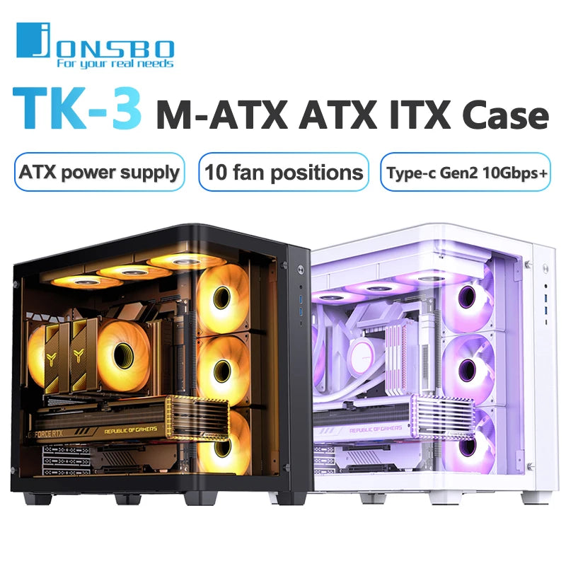 Jonsbo TK-3 M-ATX/ATX/ITX Desktop Case Support Dual 360 Radiators ATX Power Supply Type-c Interface Mainframe Chassis PC Case