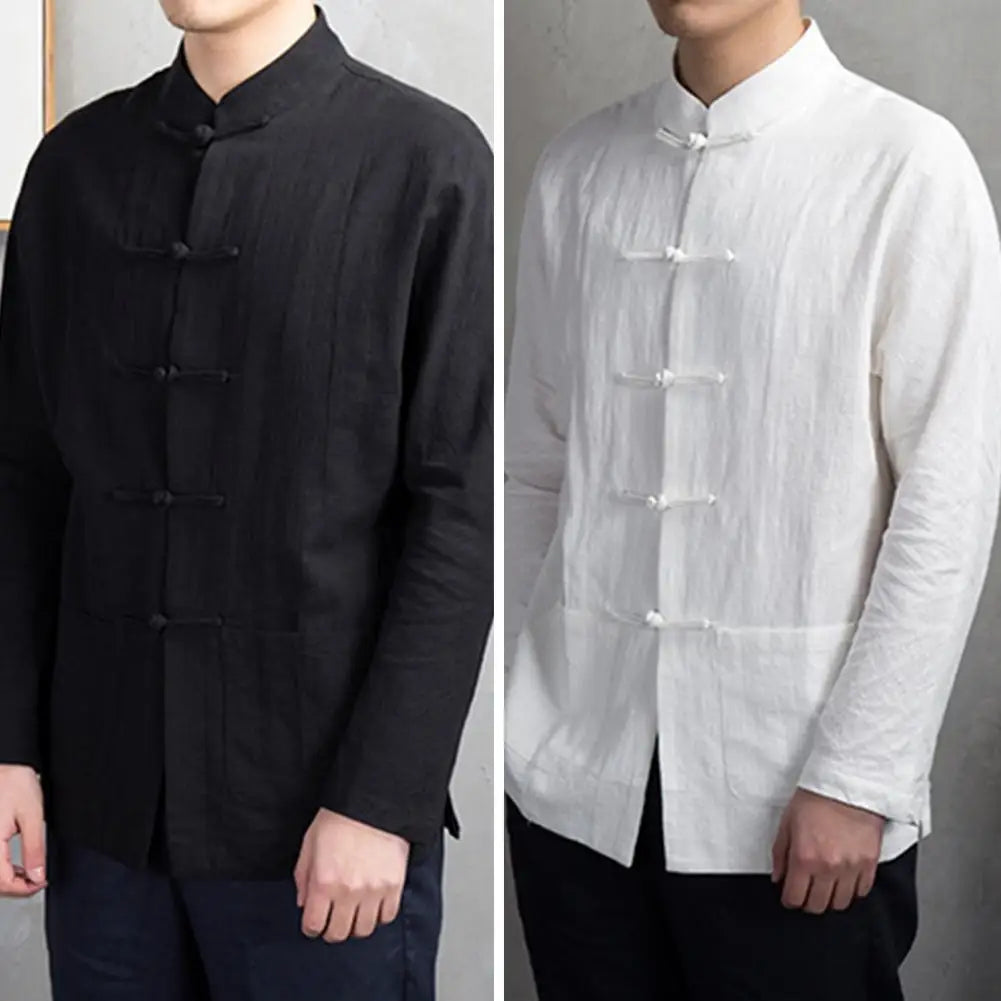 Solid Color Stand-up Collar Shirt Traditional Chinese Style Men's Shirt with Mandarin Collar Long Sleeve Featuring for Kung