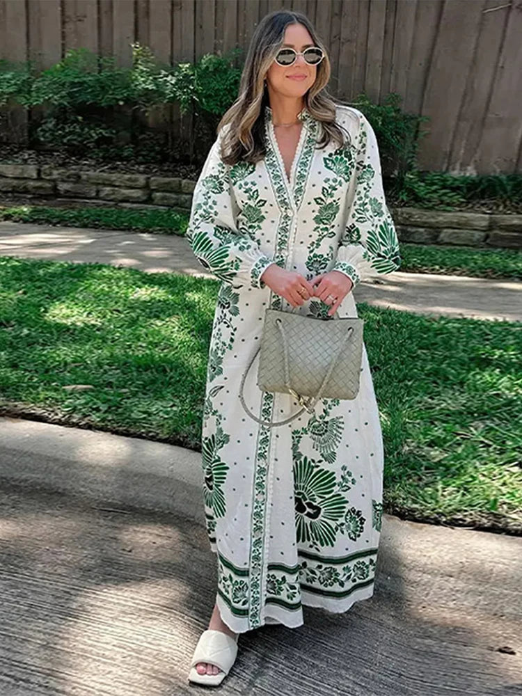 Print Maxi Dress Women Elegant Single Breast Lapel Long Lantern Sleeve Female Long Robes 2024 New Beach Vocation Vestido فستان