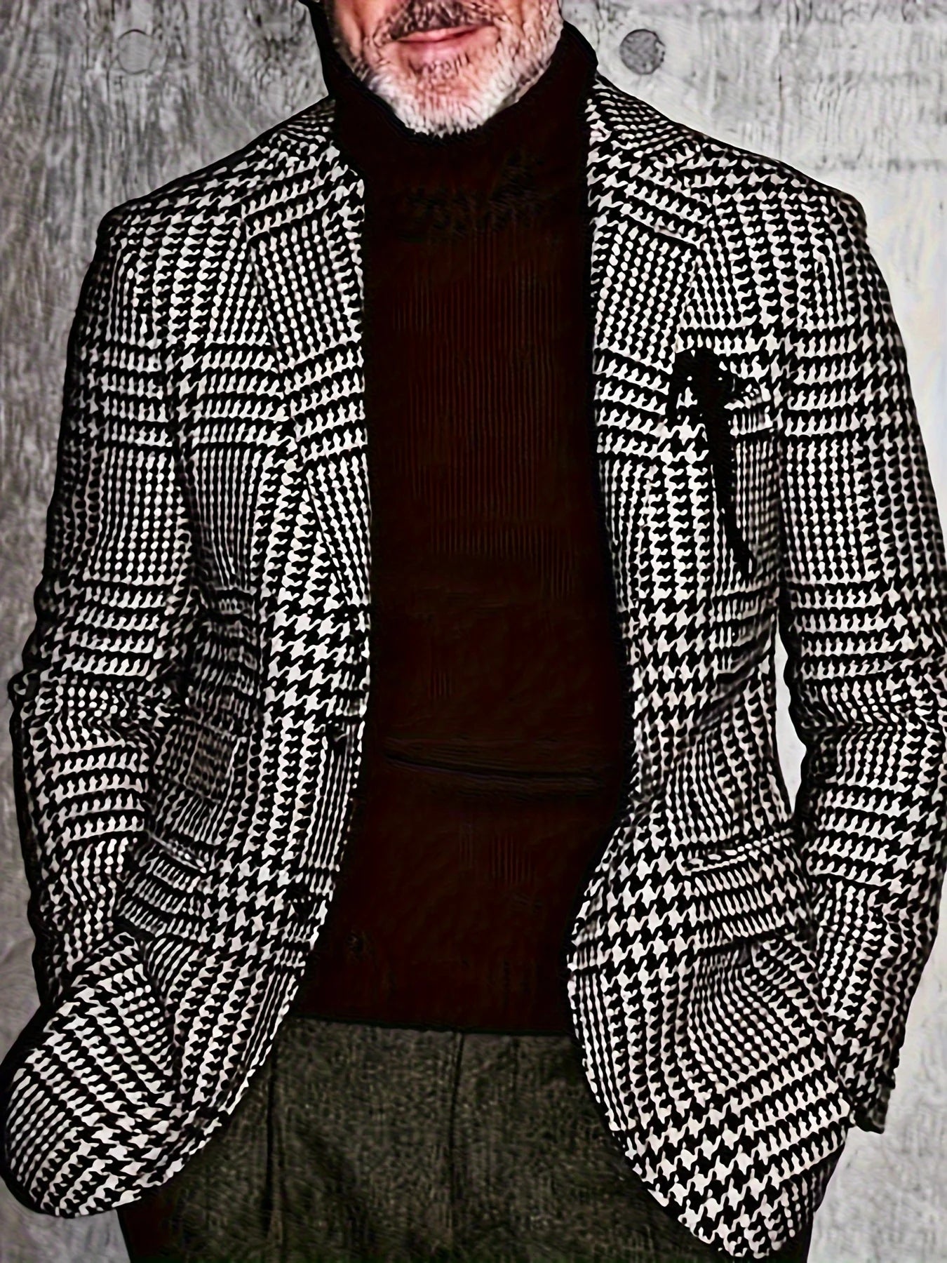 Men's Casual Vintage Houndstooth Suit Jacket With Chic Double Button Closure, Casual Business Style Outerwear, Old Money Style