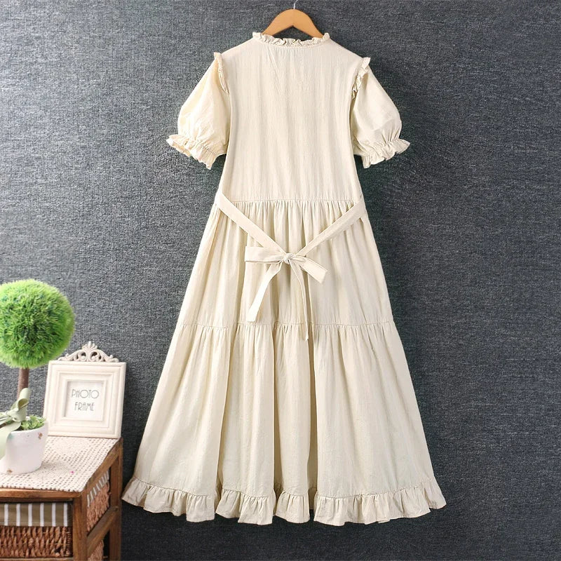 Summer New Sweet Mori Girl Bow Ruffles Cotton Linen Midi Dress Women Short Sleeve Casual Loose A-line Boho Dresses