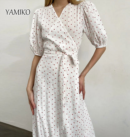 KAMIKO Cotton Heart Printing Lace-Up Dress Women Puff Sleeves V-Neck Midi Dresses Summer 2024 Boho Beach Print Dress Holiday