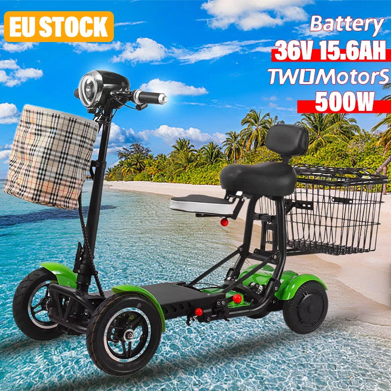 10 Inch 4 Wheel Electric Scooter Dual Motor 250W 36V Lightweight Foldable Mobility Scooter For Old People With Removable Armrest