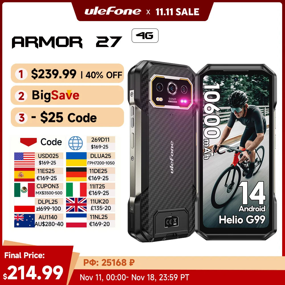 【World Premiere】 Ulefone Armor 27 4G 10600mAh Rugged Phone 24GB+256GB  Android 14 Smartphone 6.78"FHD 120Hz Night Vision Global