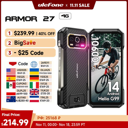 【World Premiere】 Ulefone Armor 27 4G 10600mAh Rugged Phone 24GB+256GB  Android 14 Smartphone 6.78"FHD 120Hz Night Vision Global