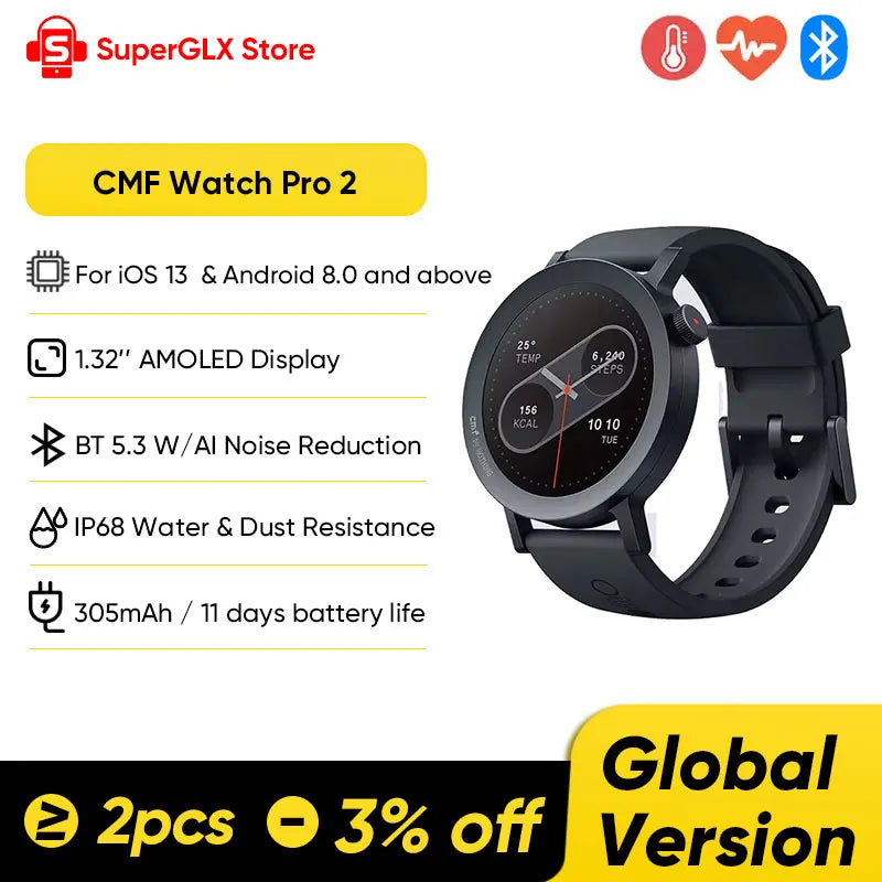 Global Version CMF by Nothing Watch Pro 2 Bluetooth 5.3 Calls with AI Noise Reduction IP68 with GPS Smartwatch for Android iOS