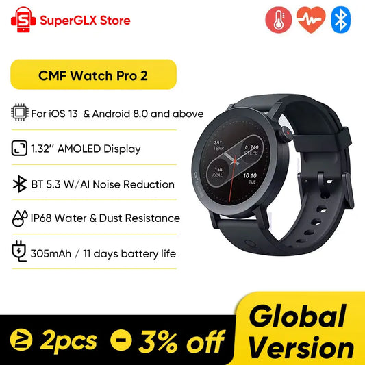 Global Version CMF by Nothing Watch Pro 2 Bluetooth 5.3 Calls with AI Noise Reduction IP68 with GPS Smartwatch for Android iOS