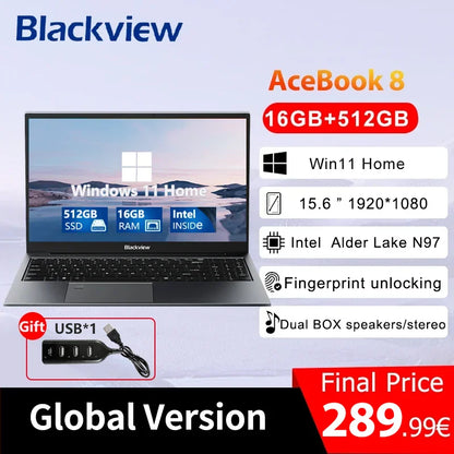 Blackview AceBook 8 Laptop 15.6" 12th Gen Intel Alder Lake N97 16GB RAM 512GB SSD + expansion up to 1TB Windows 11 Home 15.6"