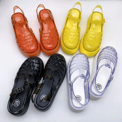 Fashionable PVC Thick-Heeled Women's Sandals with Hollowed-Out Breathable Platform Jelly Falt Soles Solid Colors Sandals