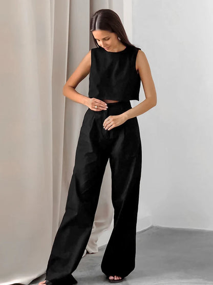 YAMIKO Black Cotton Linen Long Pants Sets Office Tank Tops And Wide Legs Pants 2 Pieces Suits Summer 2024 Casual Women Outfits