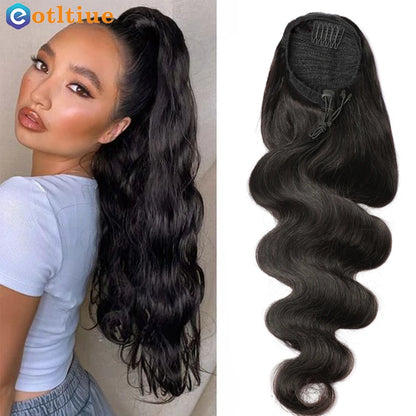 Body Wave Human Hair Drawstring Ponytail Clip In Brazilian Remy Hair Ponytail Natural Color Heat Resistant Pony Tail For Women