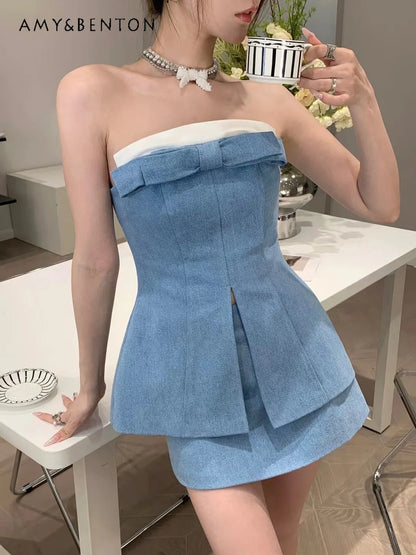 Summer New Hot Girl Y2K Bow Tube Top Contrast Color Split Top High Waist Slim Mini Skirt Sexy Two Piece Sets Womens Outifits