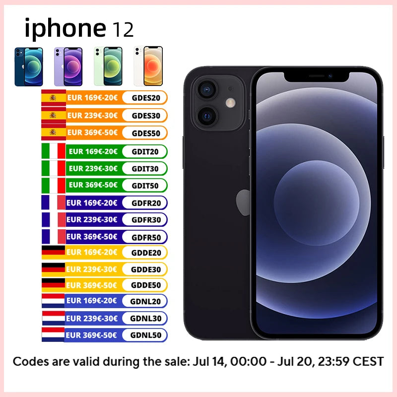 Original Apple unlock iPhone 12 face ID 6.1 5g Ram 64GB / 128GB / 256gb ROM smartphone OLED screen A14 Mobile