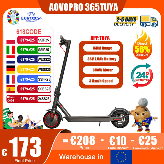 AOVOPRO 365TUYA Adult Electric Scooter Maximum speed up to 31km/h Long range 16KM 36V 7.5Ah high capacity battery Foldable