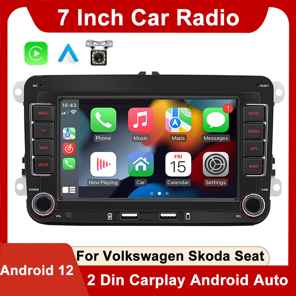 7" Portable Android 12 2-Din Car Radio with Carplay, WiFi, GPS for Volkswagen Golf, Polo, Passat, Skoda Jetta