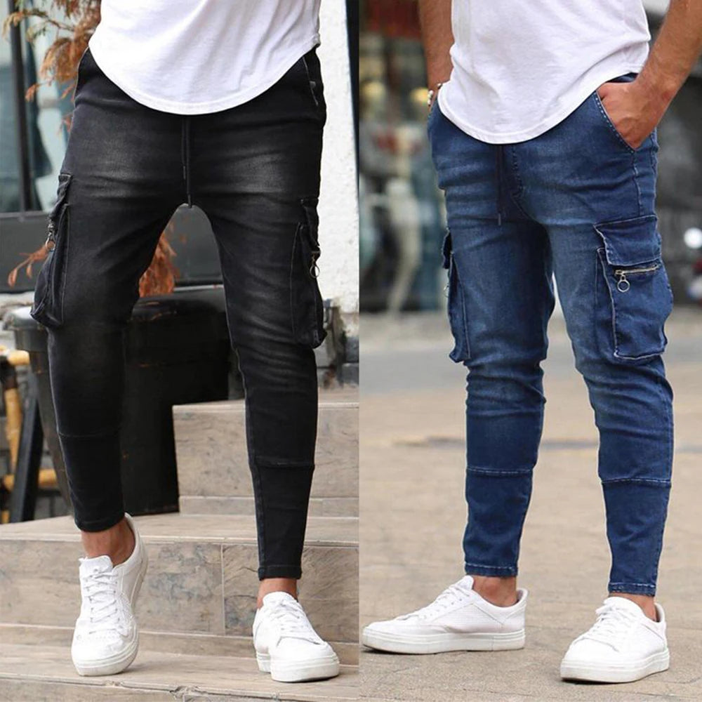 Fashion Streetwear Ripped Skinny Jeans Men Side Mulit Pockets Denim Cargo Pants Slim Fit Pantalones Hombre Soft Elastic Joggers