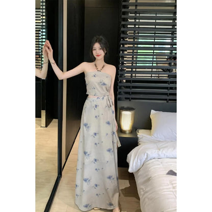 2024 New Summer Chinese Style Hanging Neck Strap Tank Top Women's Set Medium Length Half Skirt Two Piece Set