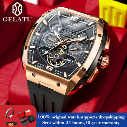 GELATU 6013 Tonneau Dial Mechanical Watch For Men Hollow Skeleton Auto Date Hand Clock Luxury Business Deep Waterproof Man Watch